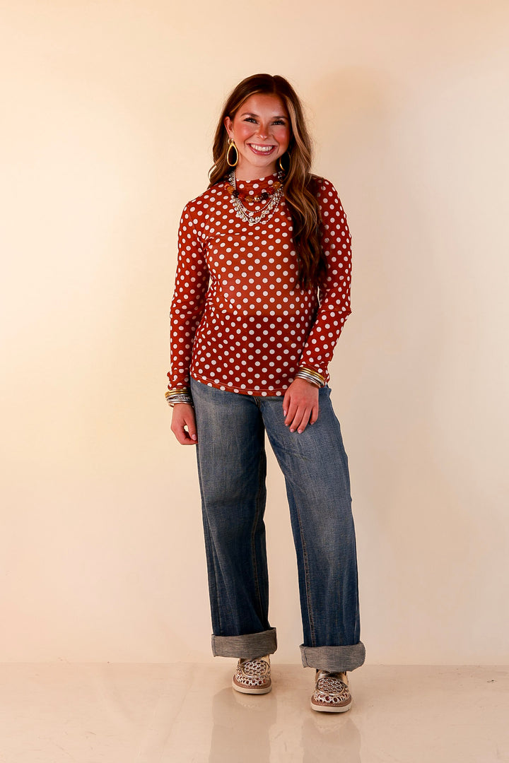 The Perfect Layer White Polka Dot Print Sheer Mesh Long Sleeve Top in Rust Orange