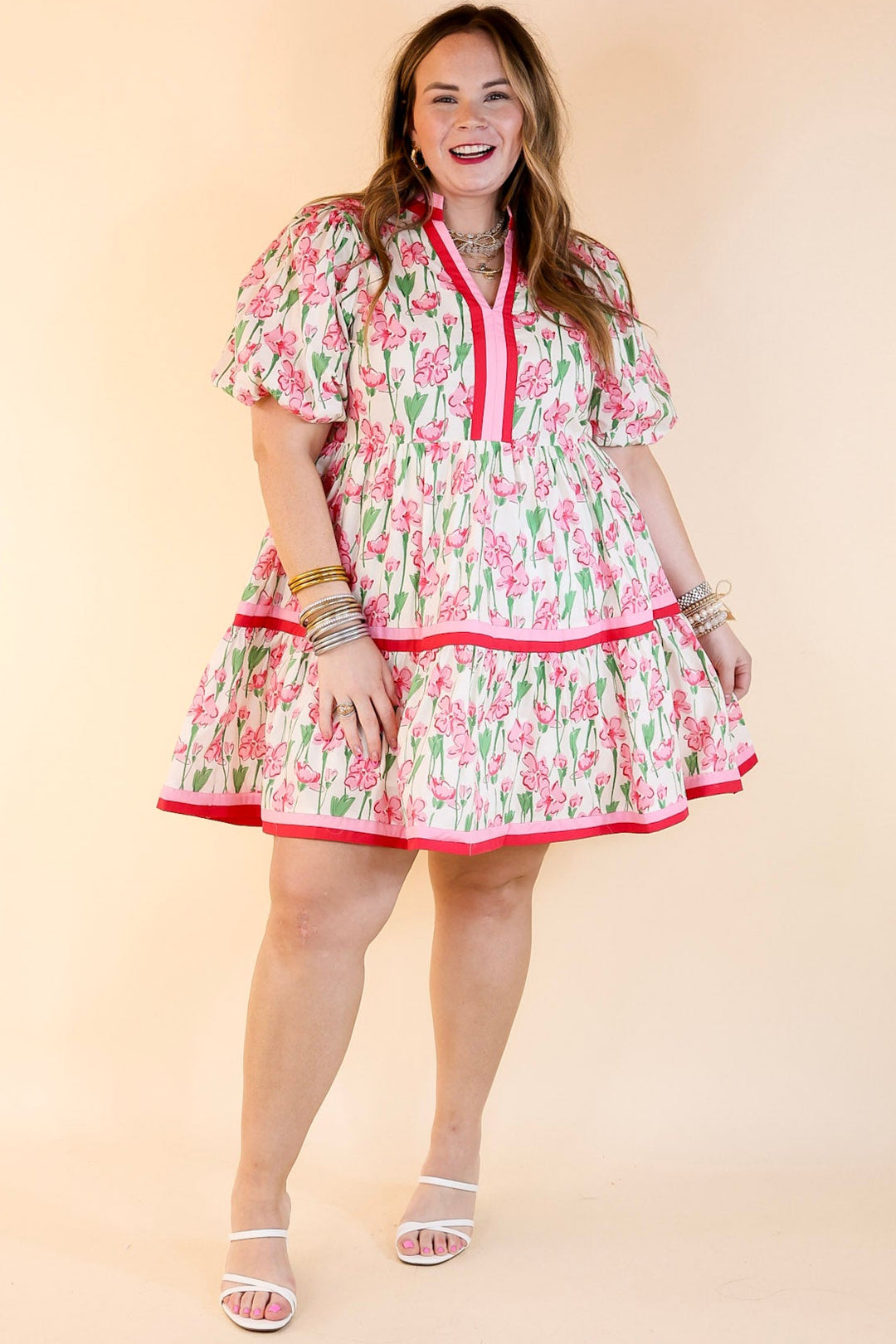 LAST CHANCE SIZE LARGE | Naturally Chic Floral Print Dress with Short Balloon Sleeves in Off White