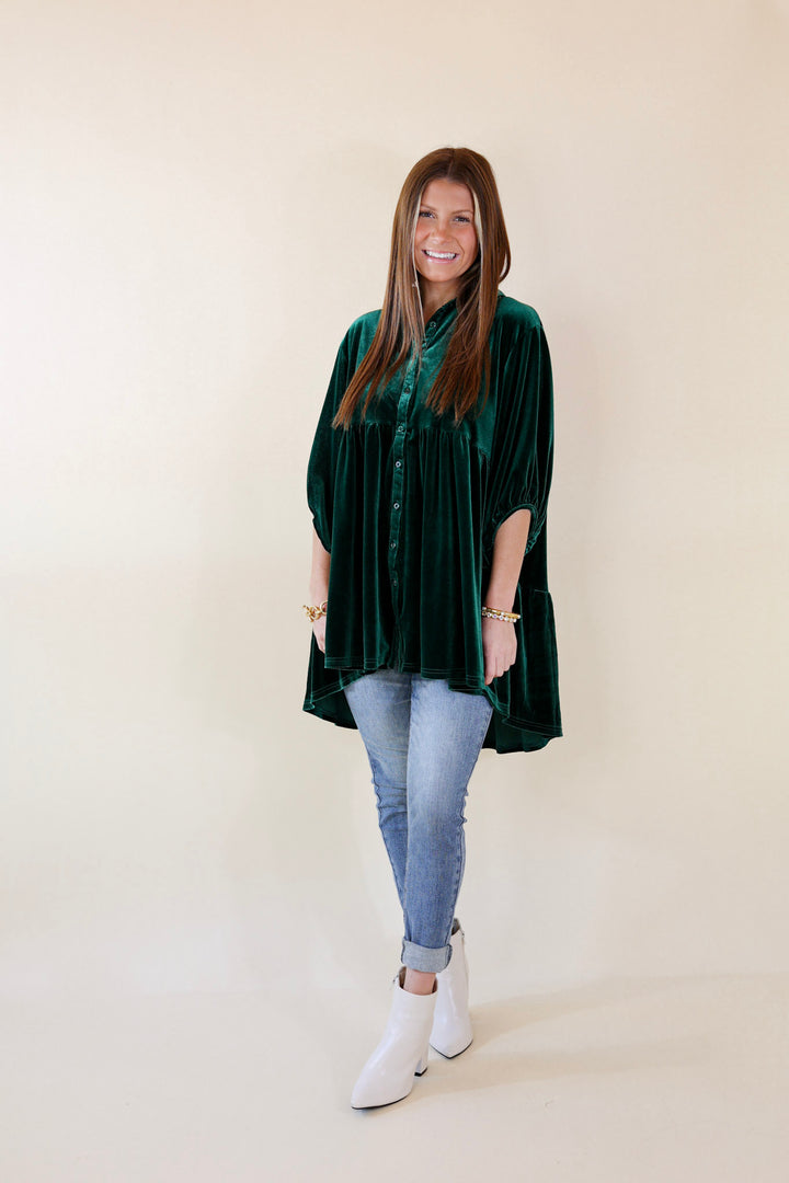Love Link Button Up Velvet Half Sleeve Babydoll Tunic Top in Emerald Green - Giddy Up Glamour Boutique