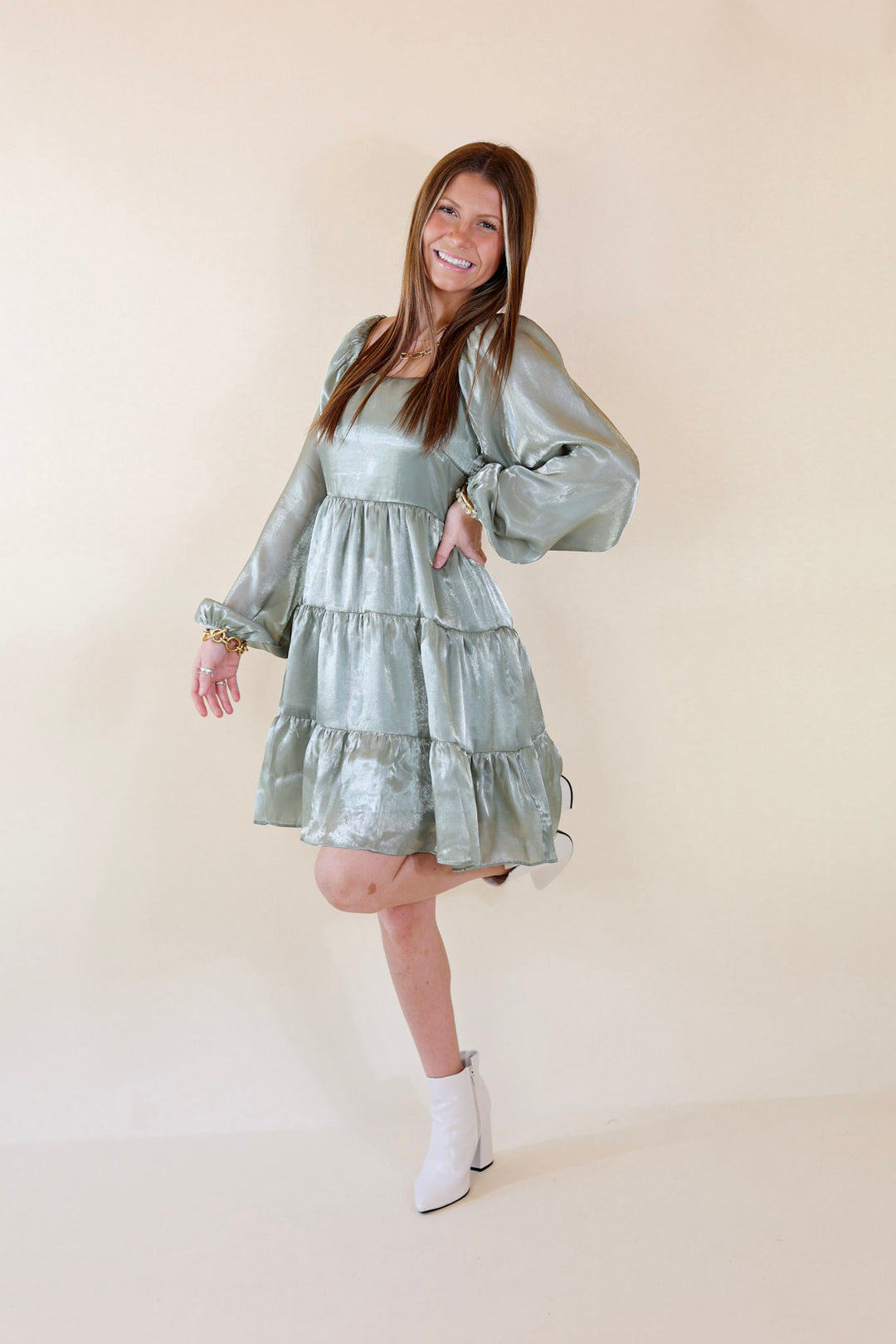 Look At Me Long Sleeve Dress in Sage Green - Giddy Up Glamour Boutique