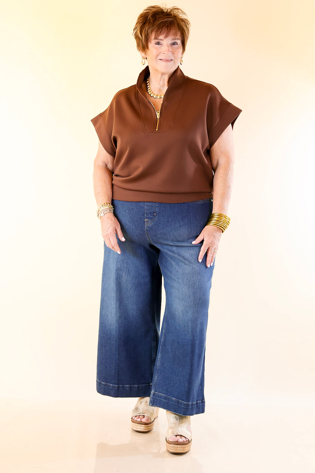 Top Priority Half Zip Collared Scuba Top in Chocolate Brown