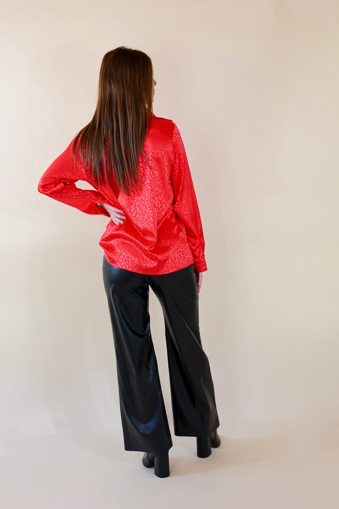 Down To Disco Leopard Print Long Sleeve Button Up Top in Lipstick Red - Giddy Up Glamour Boutique