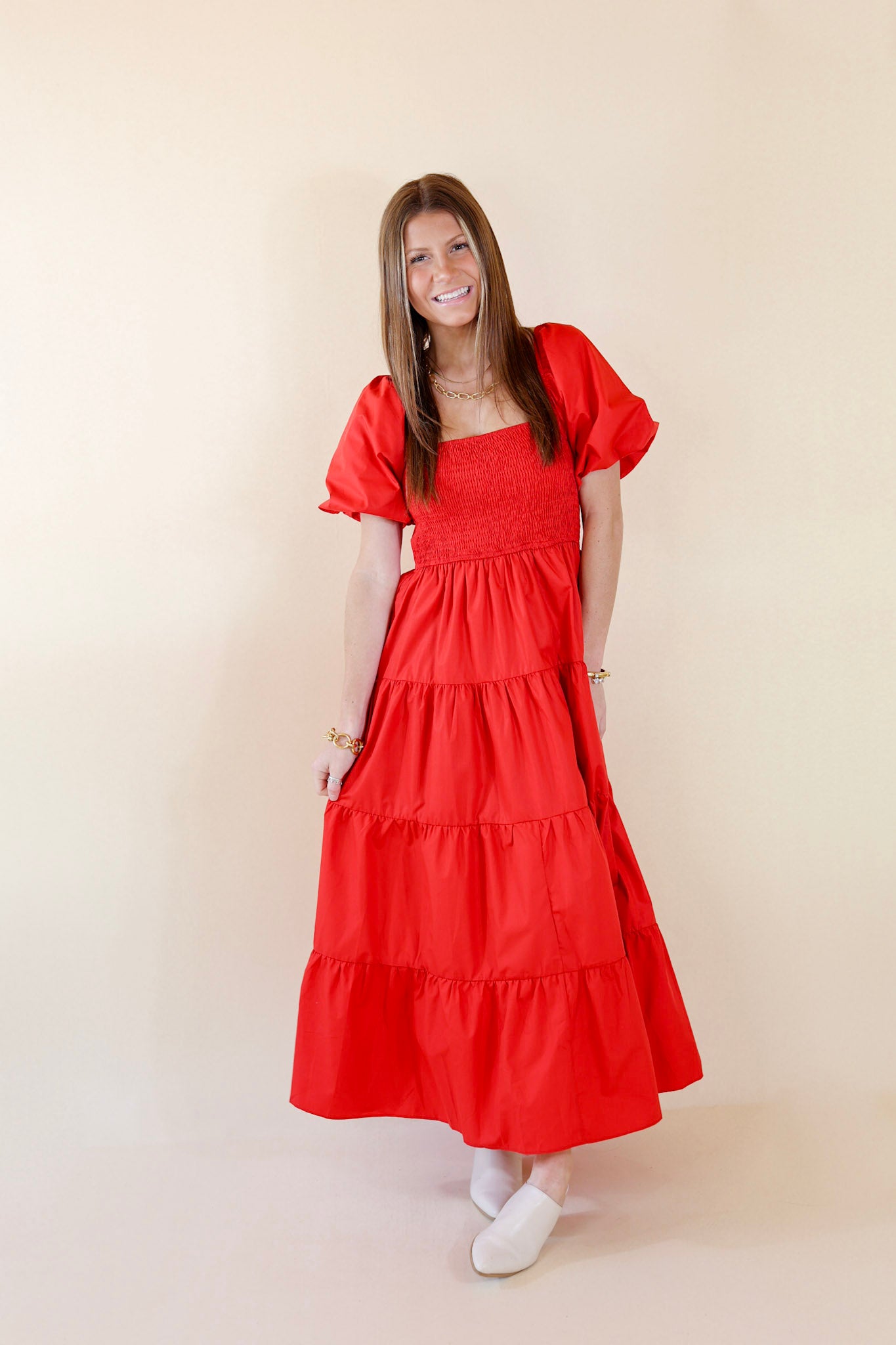 Santorini Sunshine Short Balloon Sleeve Maxi Dress in Red - Giddy Up Glamour Boutique