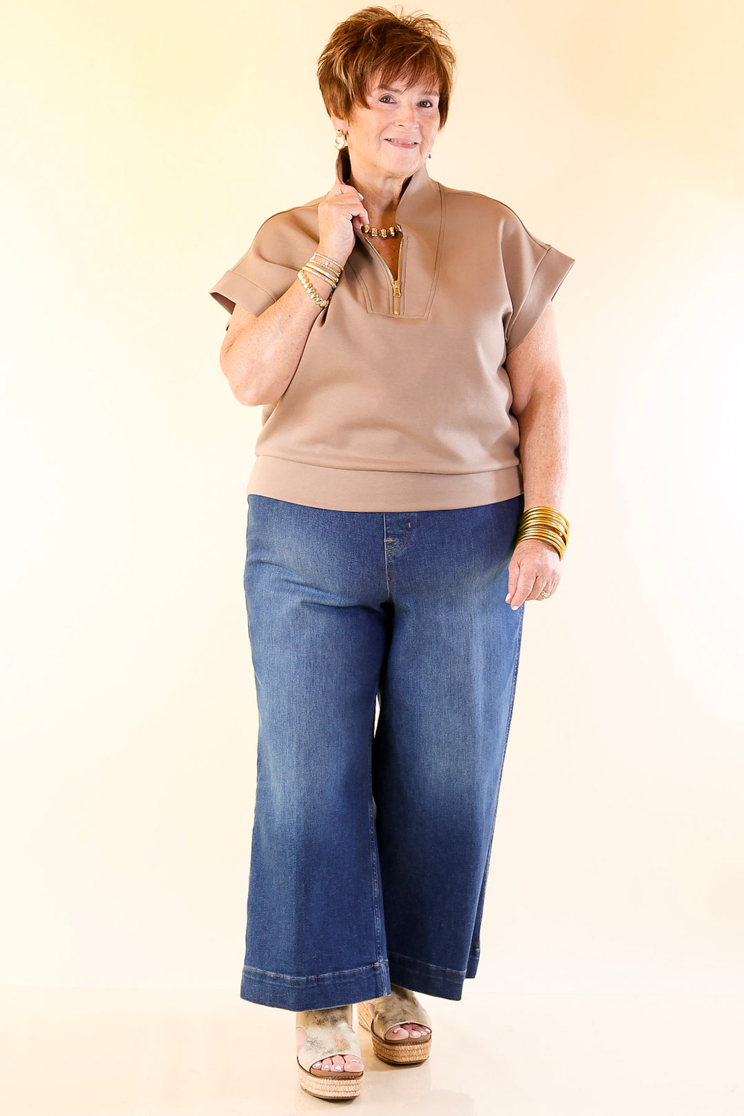 Top Priority Half Zip Collared Scuba Top in Light Taupe