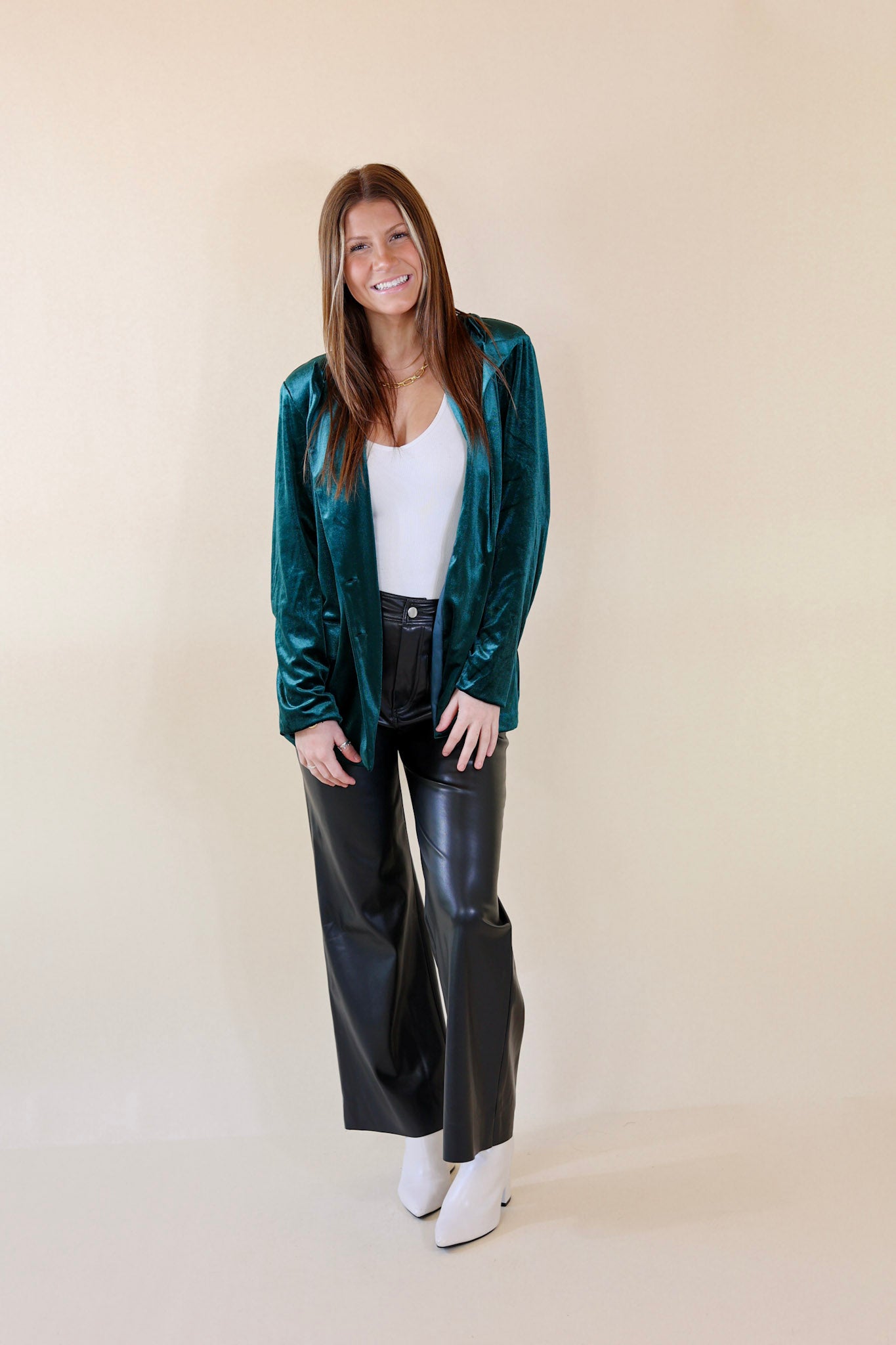Touch Of Luxury Long Sleeve Velvet Blazer in Emerald Green - Giddy Up Glamour Boutique