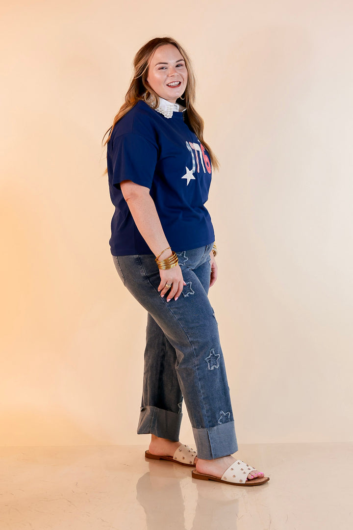 Simply Southern | American It Girl Short Sleeve Graphic Tee with 1776 Applique in Navy Blue