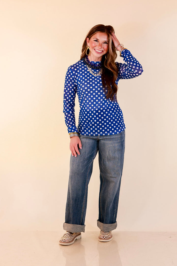 The Perfect Layer White Polka Dot Print Sheer Mesh Long Sleeve Top in Royal Blue