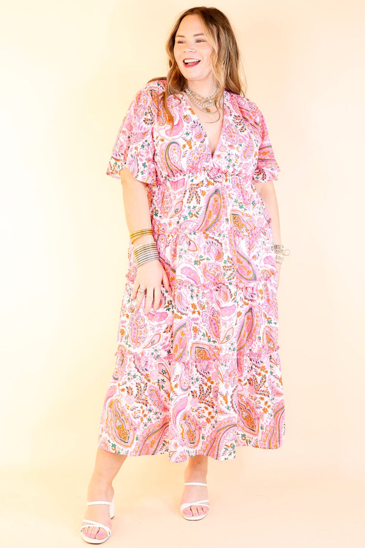 Whispers of Wisteria Paisley Tiered Midi Dress in Pink Mix