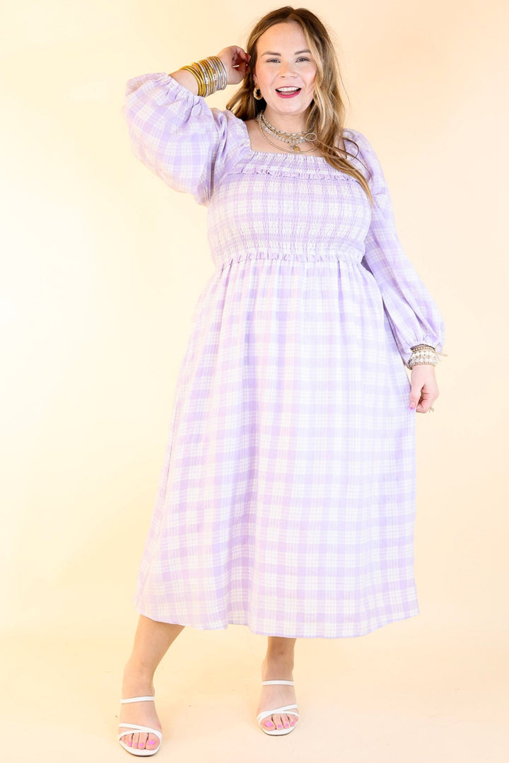 Adorable Impression Plaid Midi Dress with Smocked Bodice in Lavender Purple