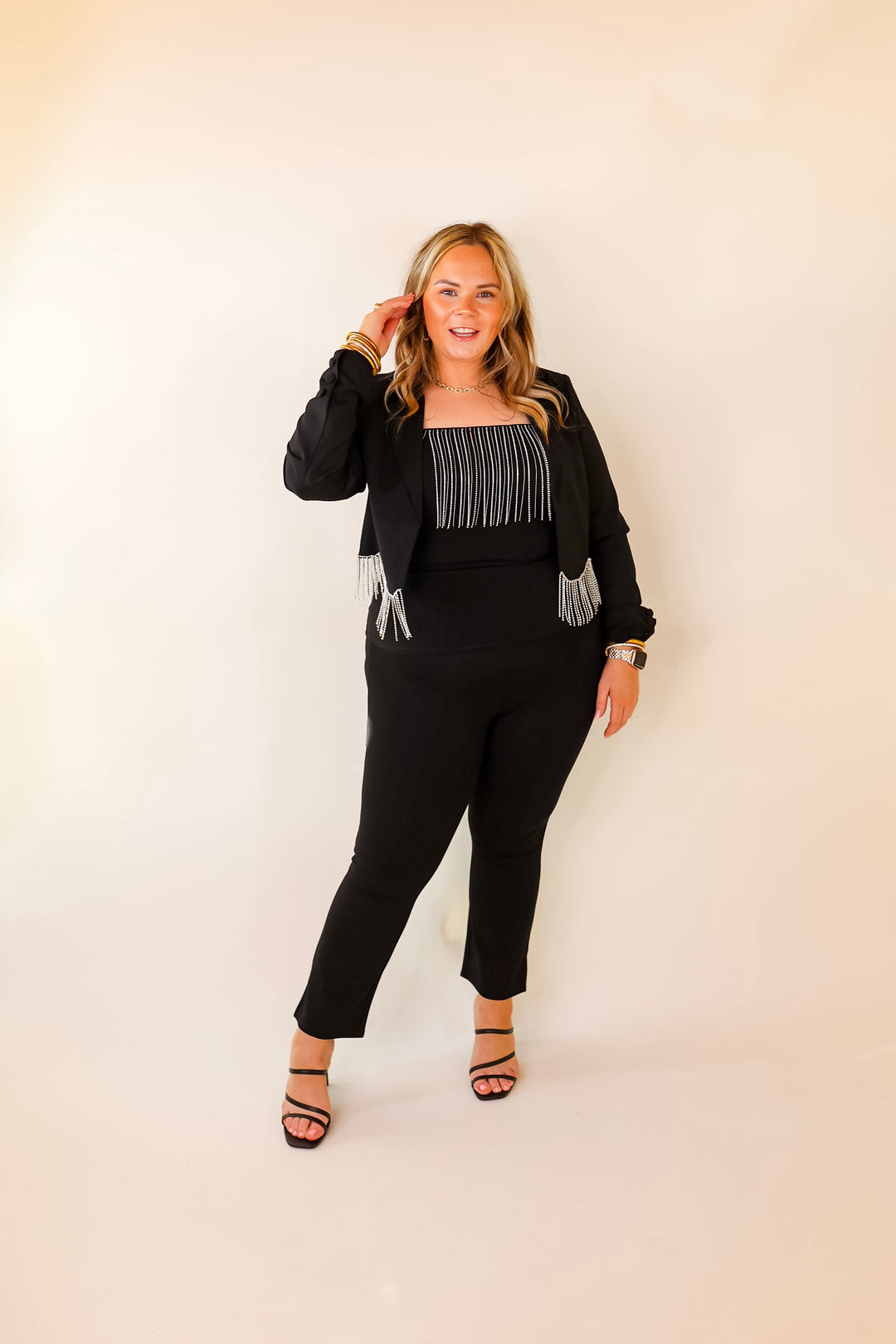 Time For Magic Cropped Blazer with Crystal Fringe Trim in Black - Giddy Up Glamour Boutique