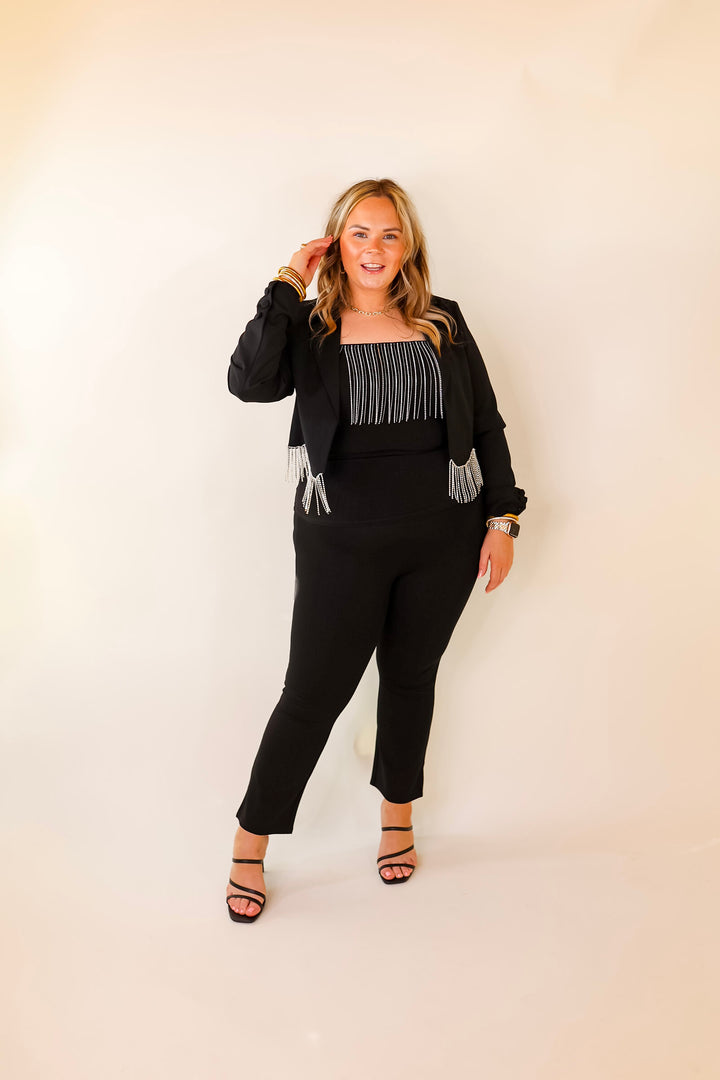 Time For Magic Cropped Blazer with Crystal Fringe Trim in Black - Giddy Up Glamour Boutique