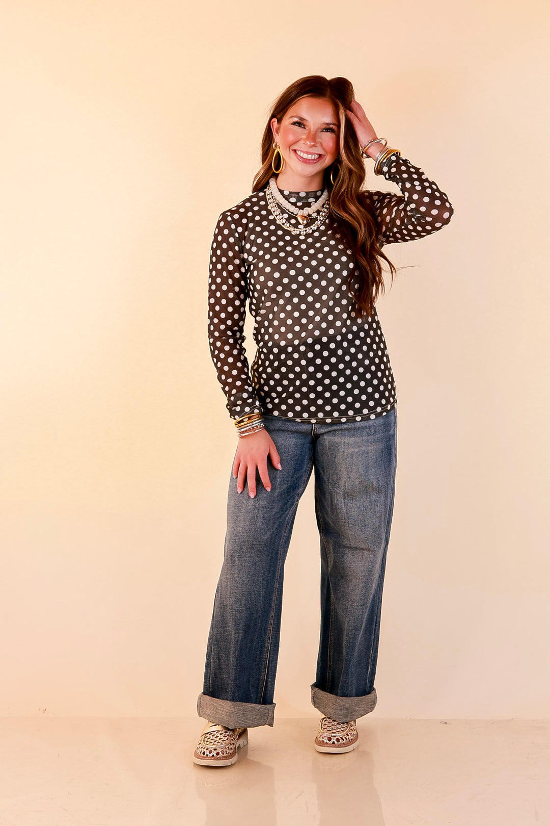 The Perfect Layer White Polka Dot Print Sheer Mesh Long Sleeve Top in Olive Green