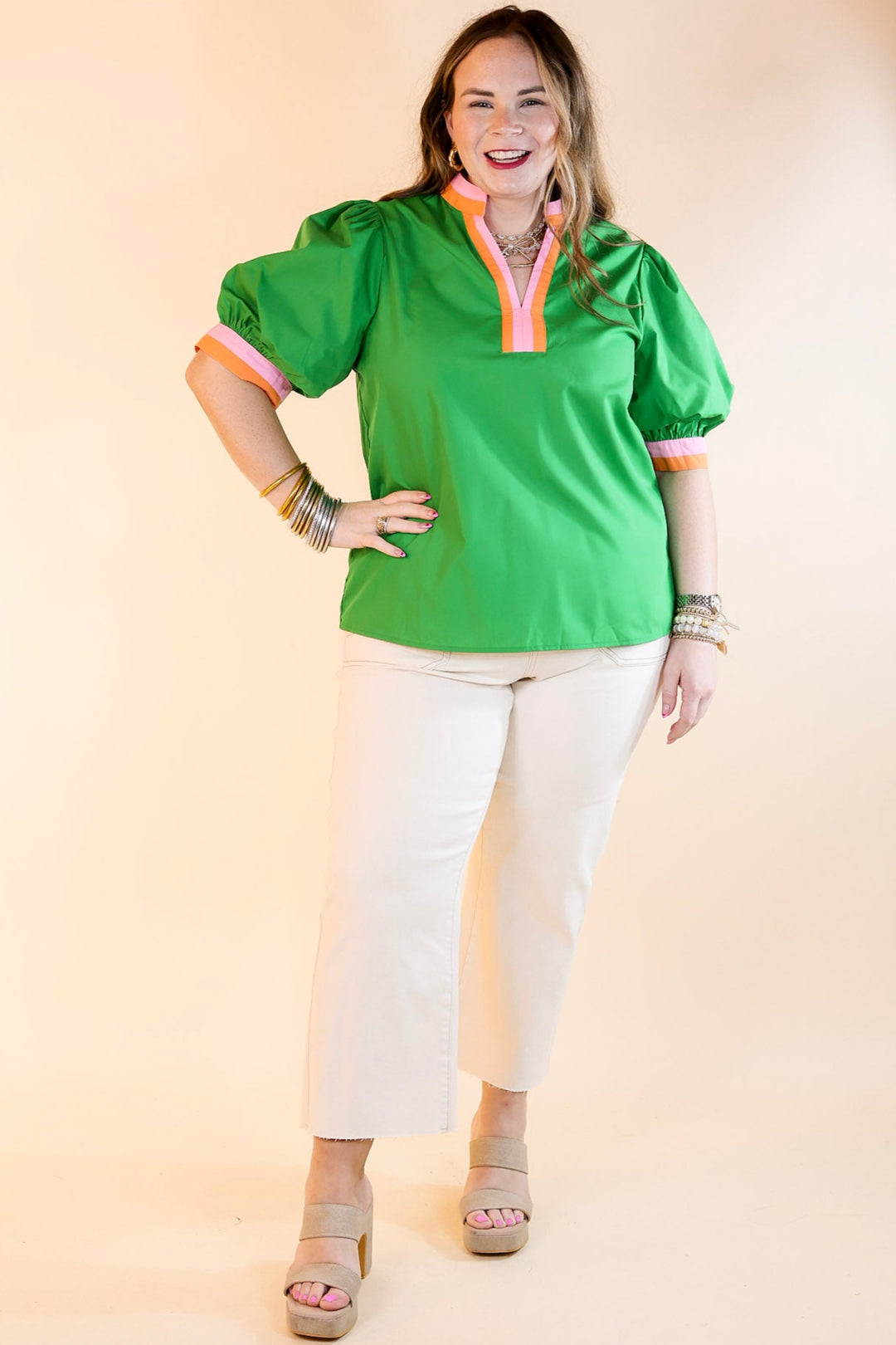 Standout Style V Neck Top with Short Balloon Sleeves in Green