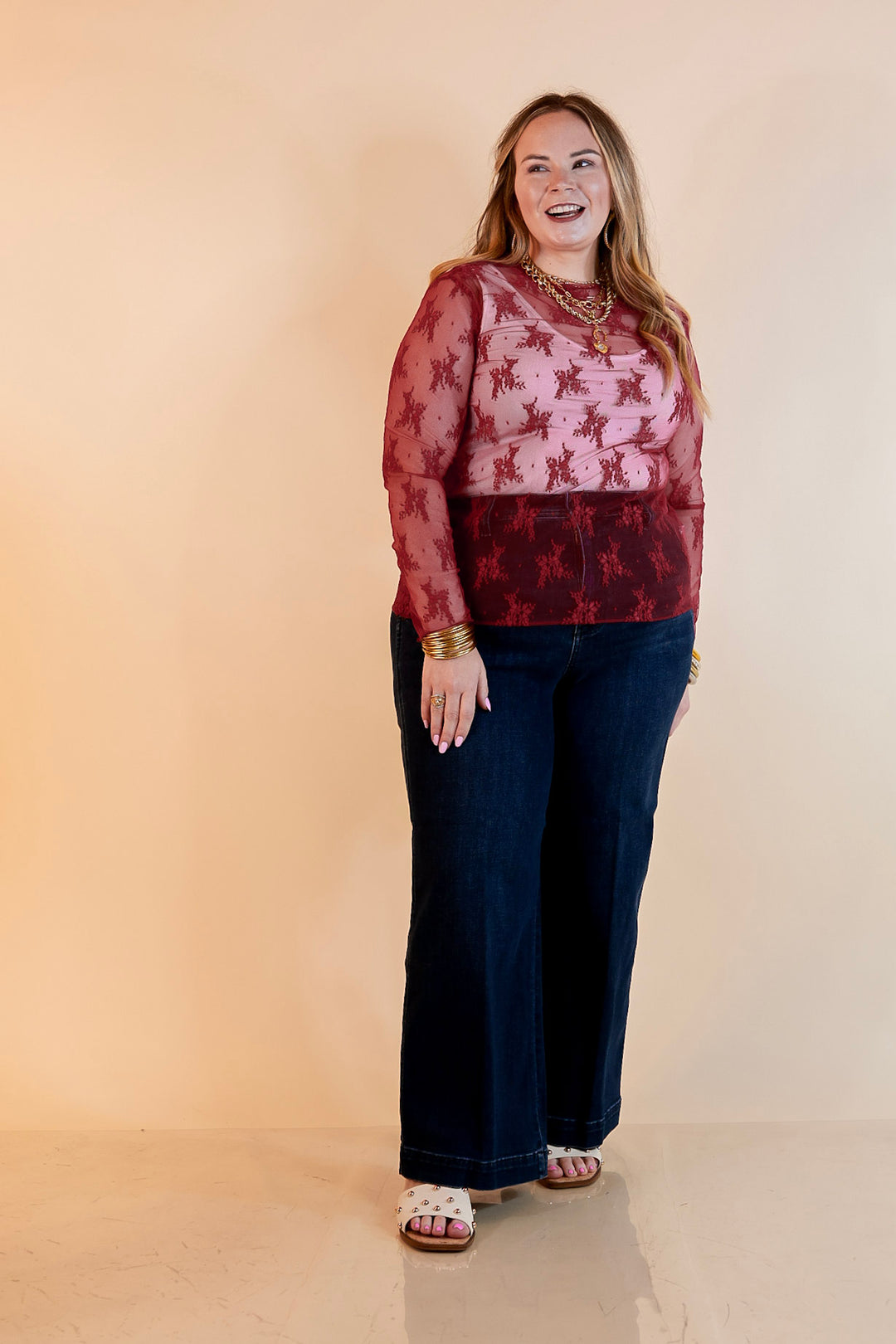 Delicate Charm Long Sleeve Sheer Lace Top with Mock Neck in Maroon