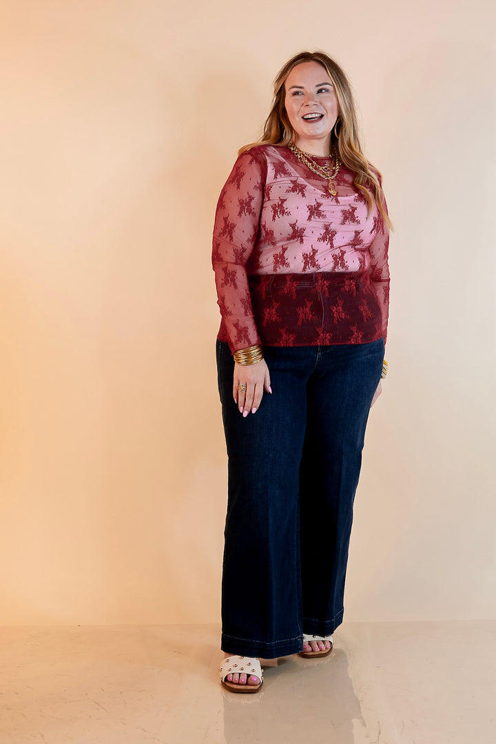 Delicate Charm Long Sleeve Sheer Lace Top with Mock Neck in Maroon