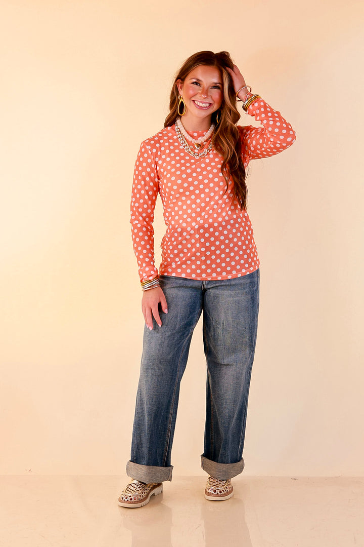 The Perfect Layer White Polka Dot Print Sheer Mesh Long Sleeve Top in Orange