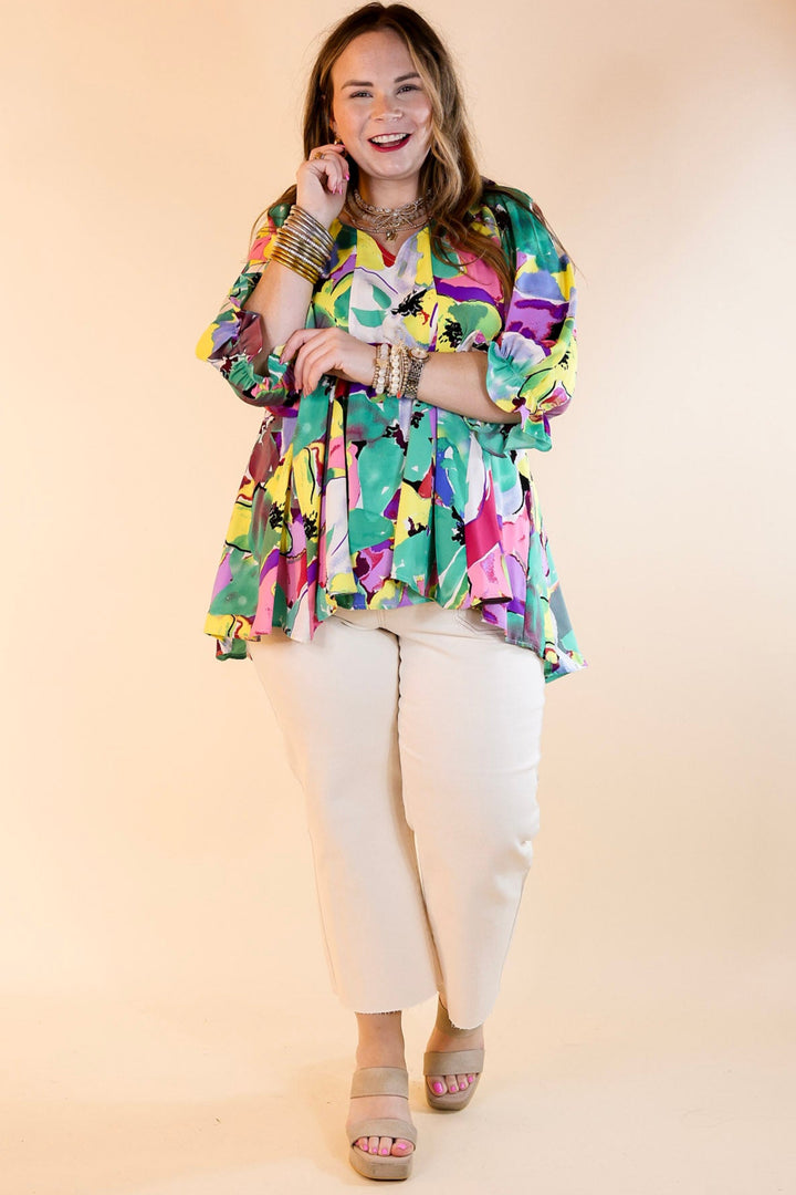 Blooming Love Floral V Neck Top with Half Sleeves in Green Mix