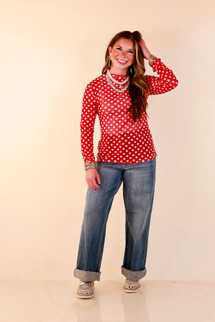 The Perfect Layer White Polka Dot Print Sheer Mesh Long Sleeve Top in Red