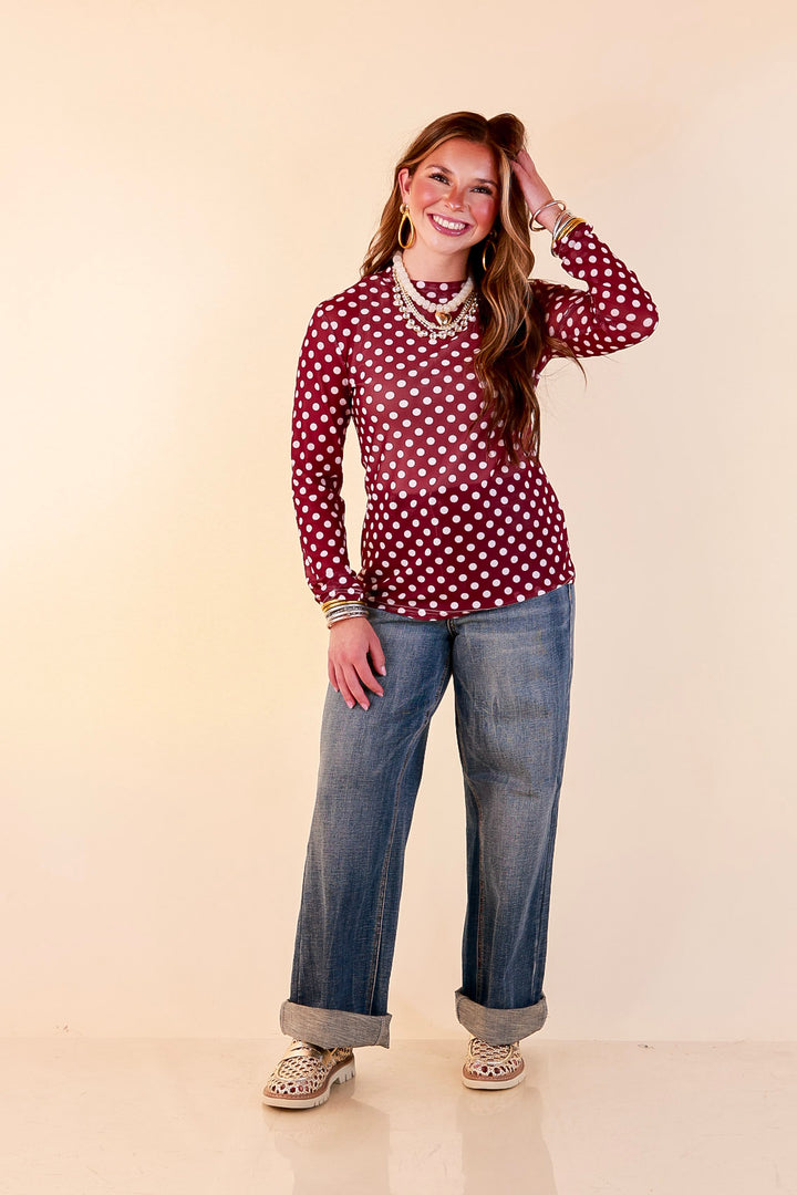 The Perfect Layer White Polka Dot Print Sheer Mesh Long Sleeve Top in Maroon