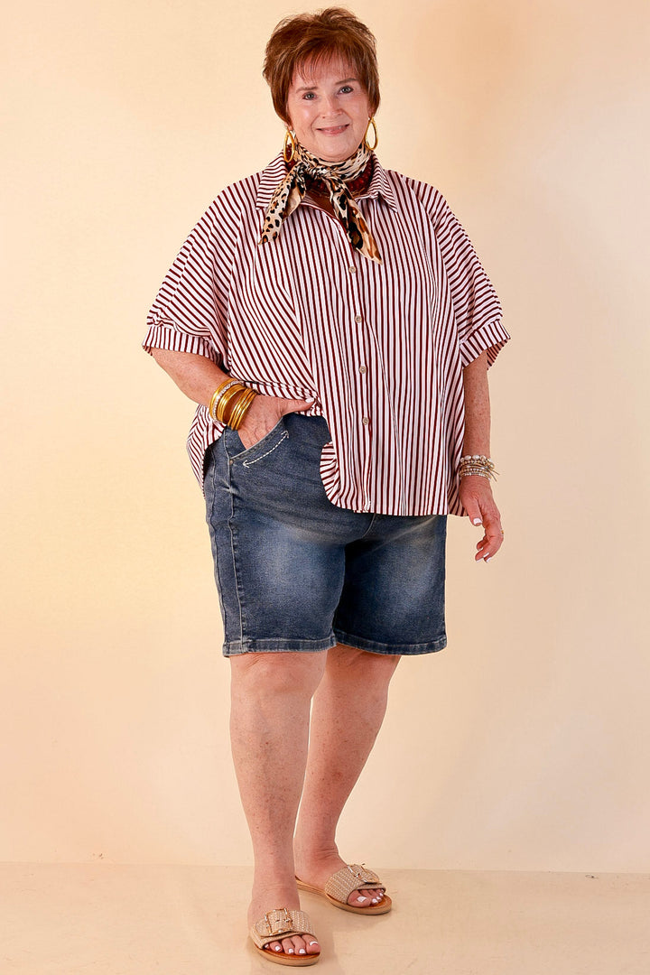 Effortlessly Aligned Button Down Collared Top with Vertical Ivory Stripe Detail in Maroon