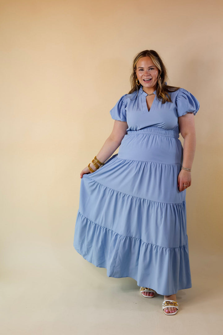 Table for Two Tiered Maxi Dress with Puff Sleeves in Chambray Blue - Giddy Up Glamour Boutique