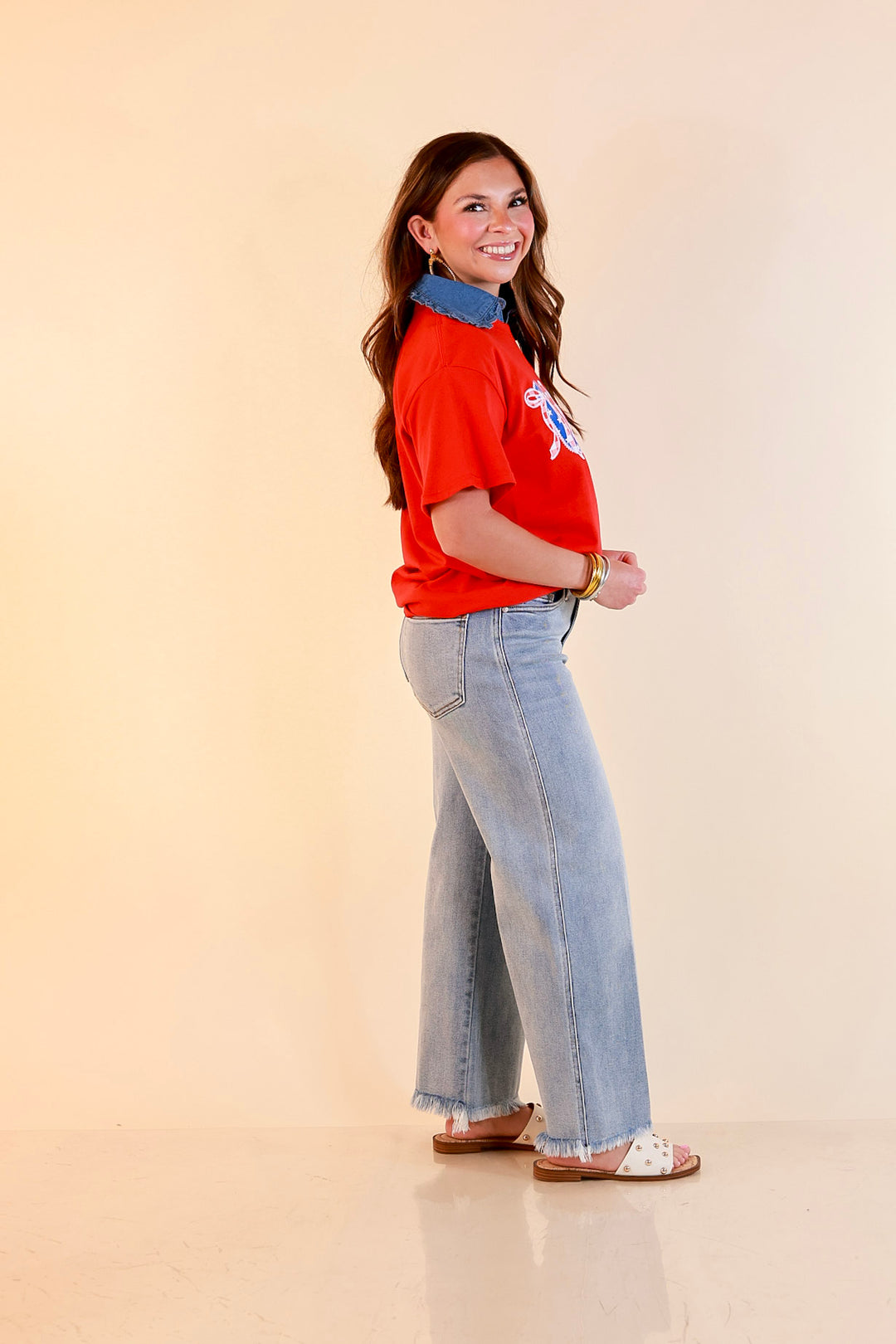 Sweet Land of Style USA Coquette Short Sleeve Graphic Tee with Bow Detailing in Red