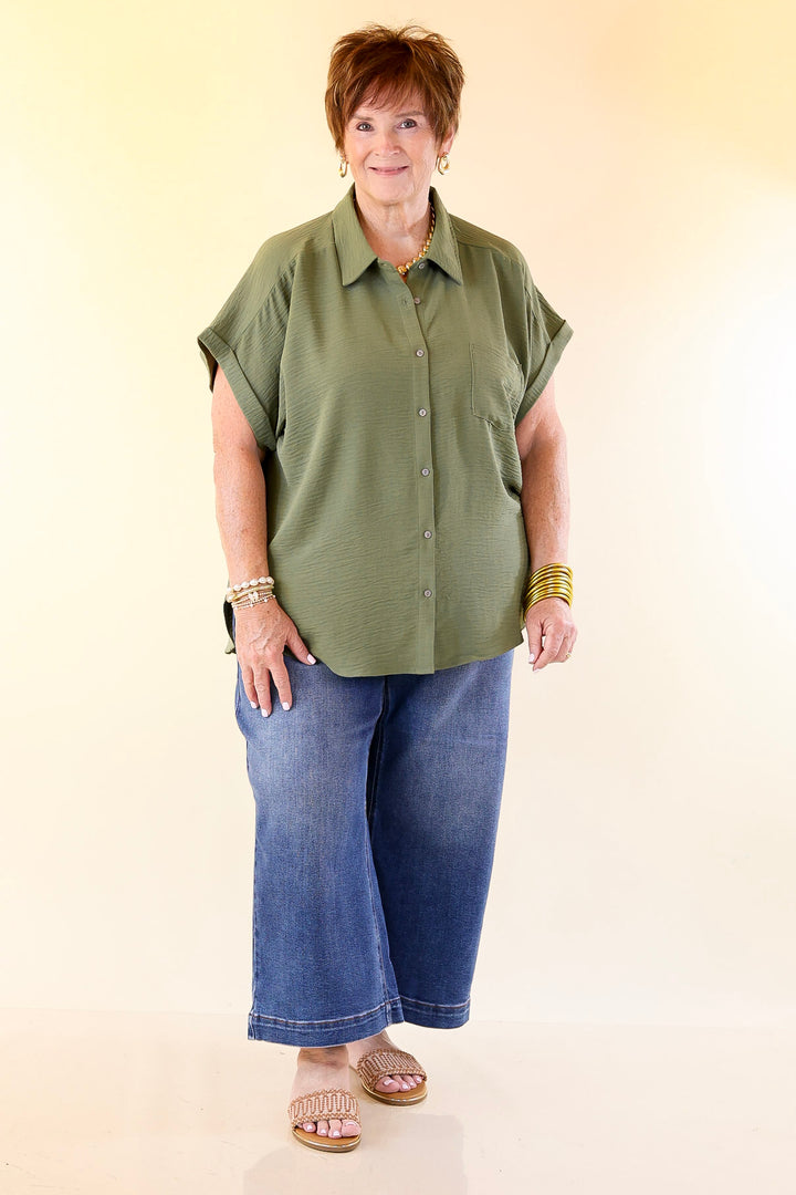Timeless Appeal Collared Button Up Top in Olive Green