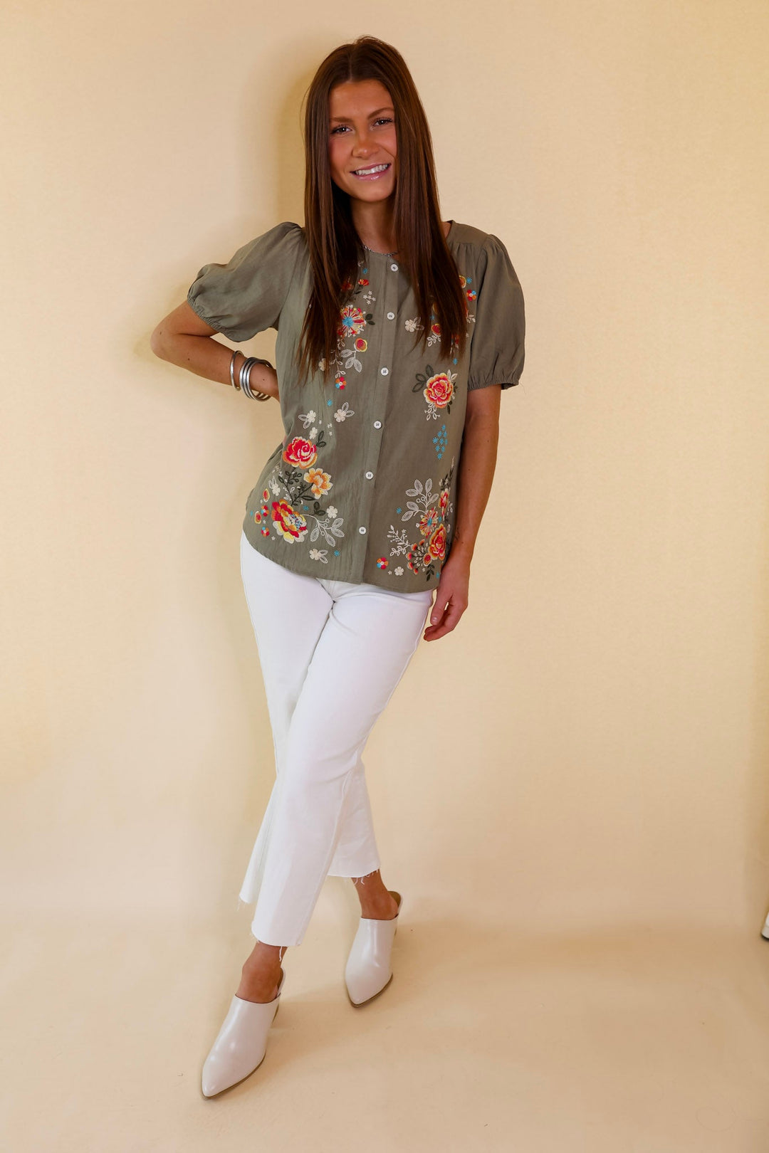 Sunny Forecast Button Up Floral Embroidered Top in Dusty Olive Green - Giddy Up Glamour Boutique