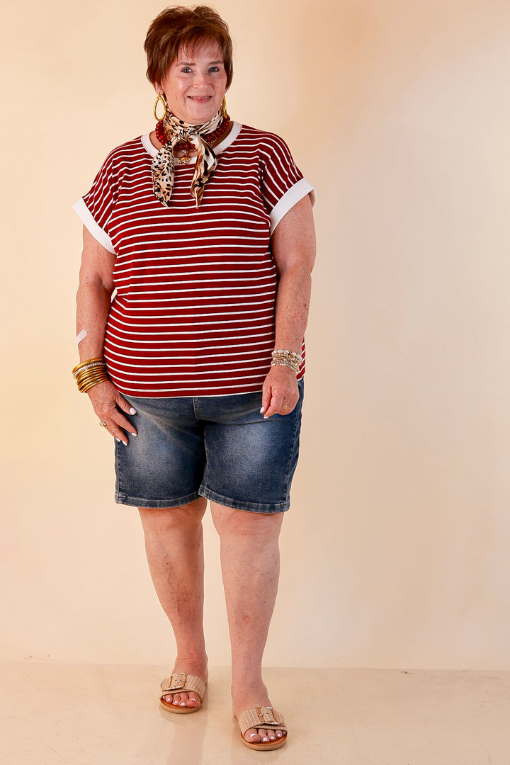 Right on Repeat Scoop Neck Cap Sleeve with Contrast Trim Striped Tee Top in Maroon