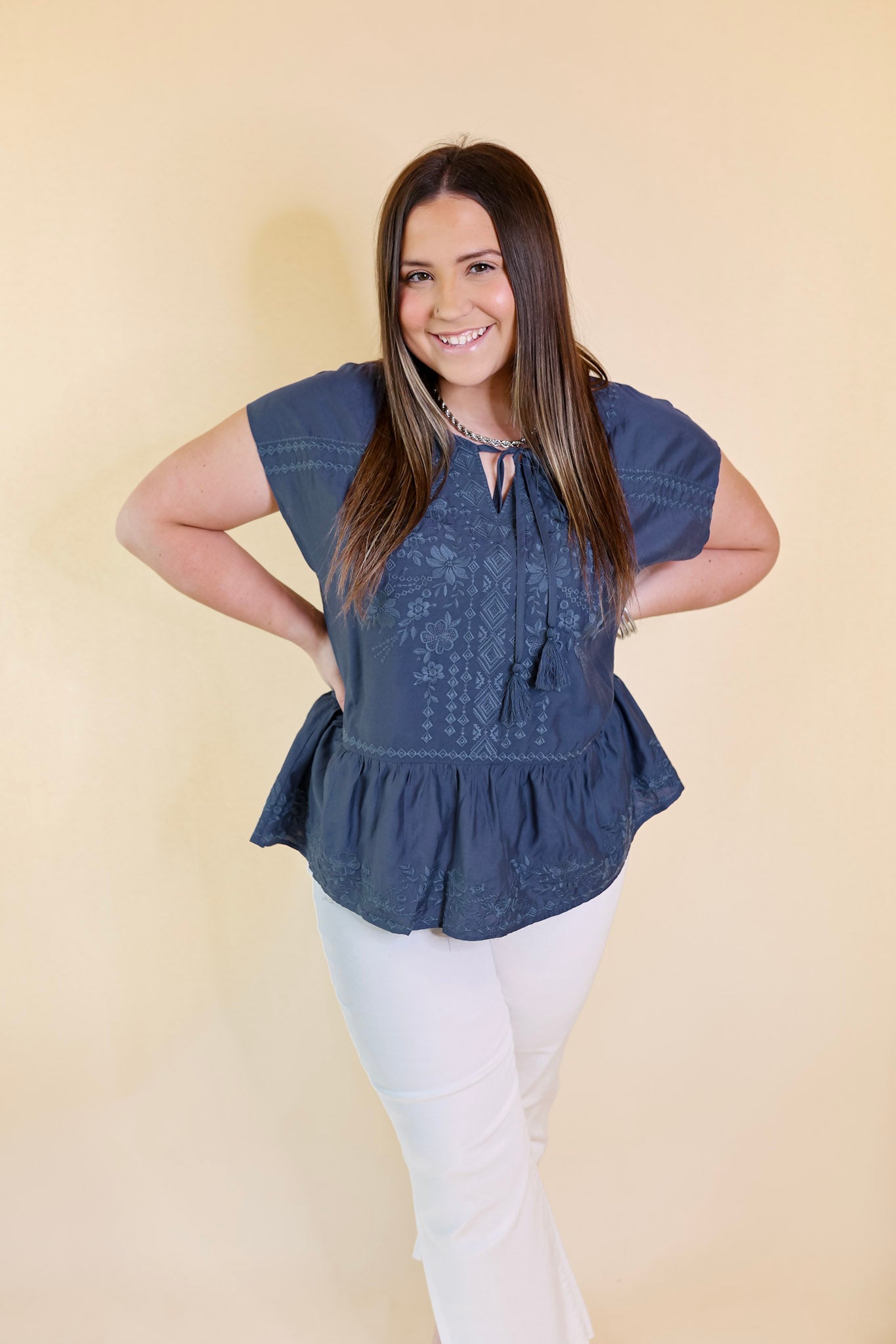 Craving Sunshine Embroidered Cap Sleeve Top with Keyhole in Navy