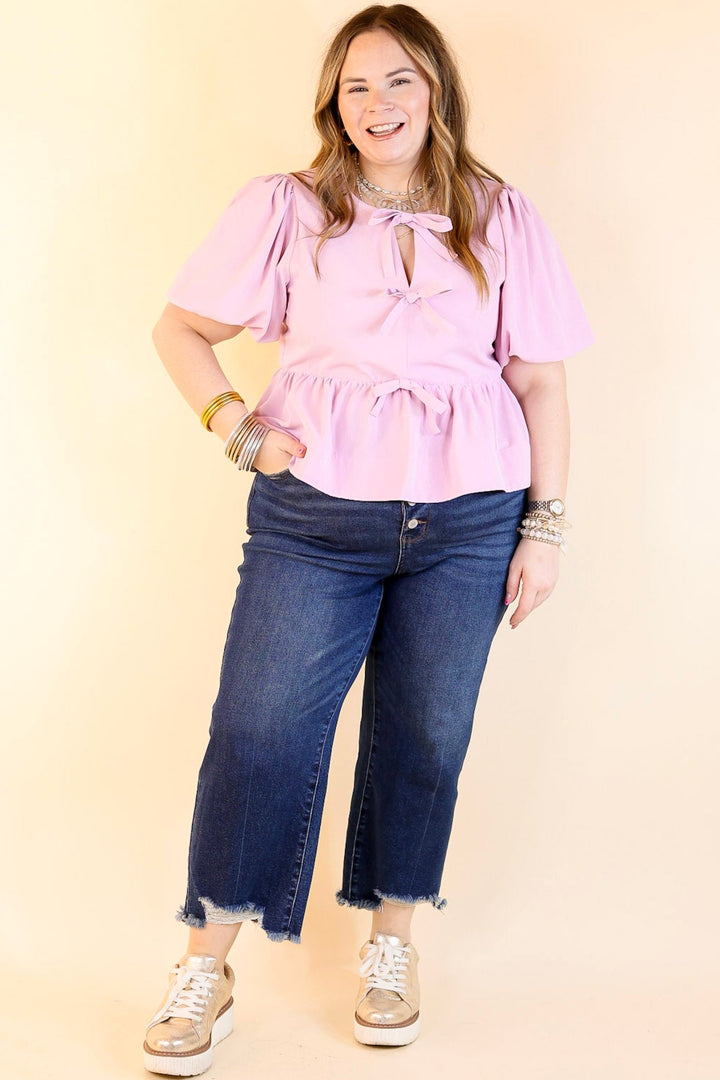 Simply Stunning Short Puff Sleeve Top with Bow Tie Detailing in Baby Pink