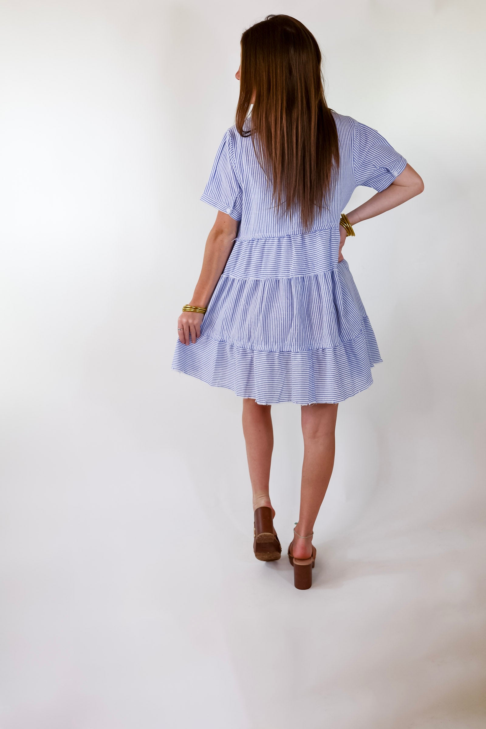 Casual Greetings Collared Pinstripe Dress in Blue and White - Giddy Up Glamour Boutique