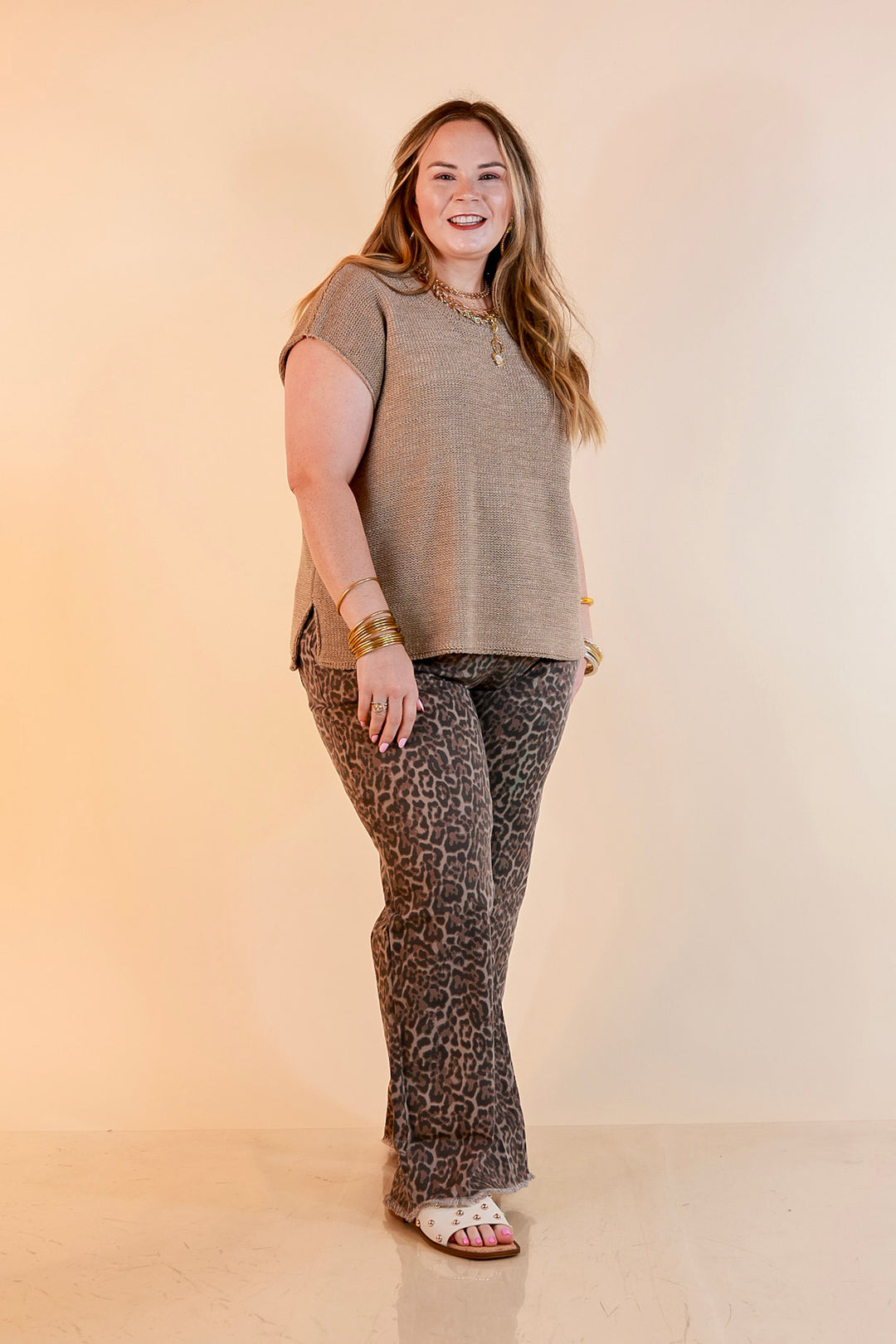 Simply Southern | Cool Statement Wide Leg Cropped Denim Jeans with Fray Hem in Leopard Print