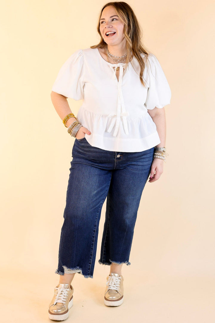Simply Stunning Short Puff Sleeve Top with Bow Tie Detailing in Off White