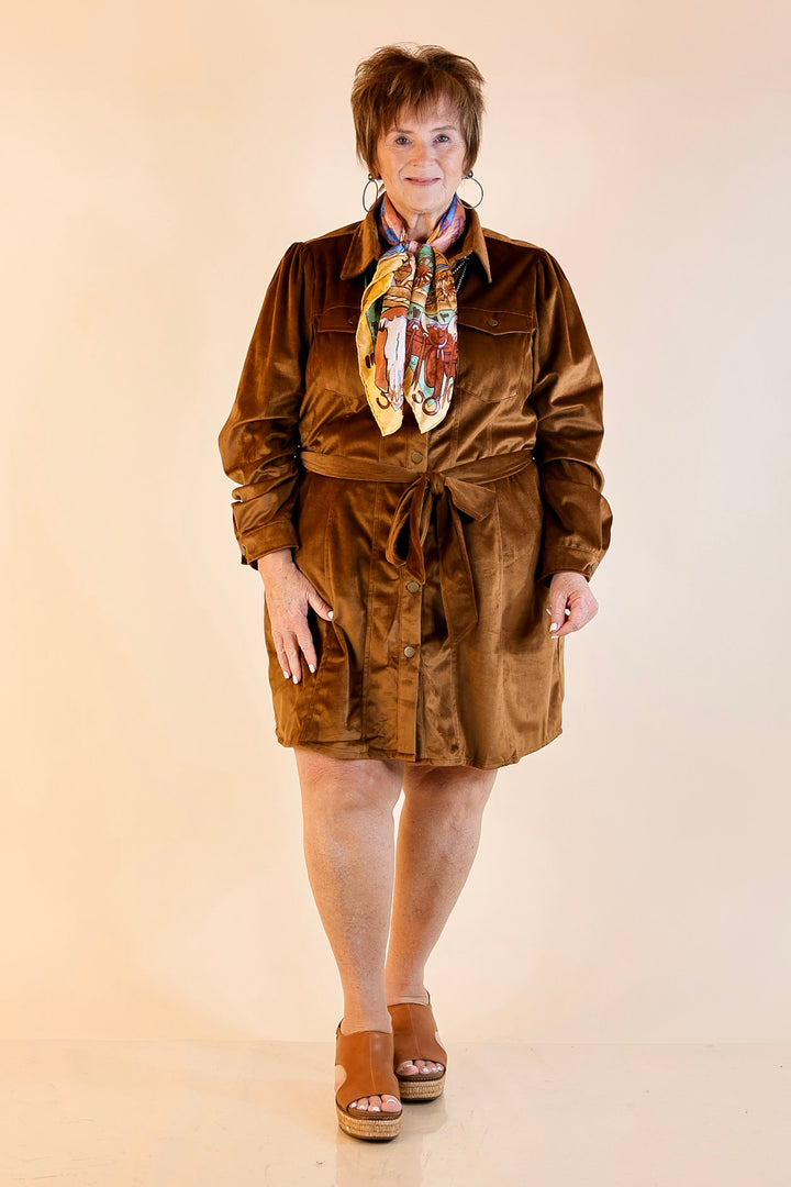 Free And Flirty Suede Button Up Dress with Waist Tie in Camel Brown