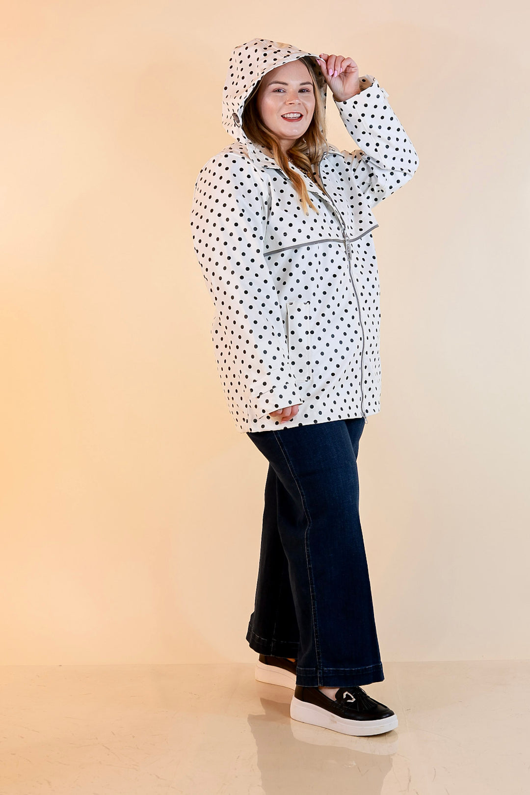 Lulu Mac | Chic Forecast Black Polka Dot Hooded Rain Jacket in Ivory