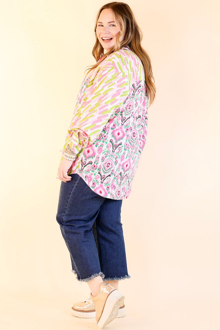 Sensational Flair Button Up Mix Print Top in Green and Pink
