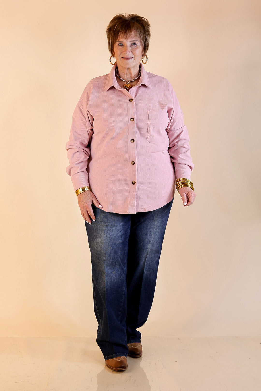 Captivating Cuteness Corduroy Button Up Shacket in Light Pink