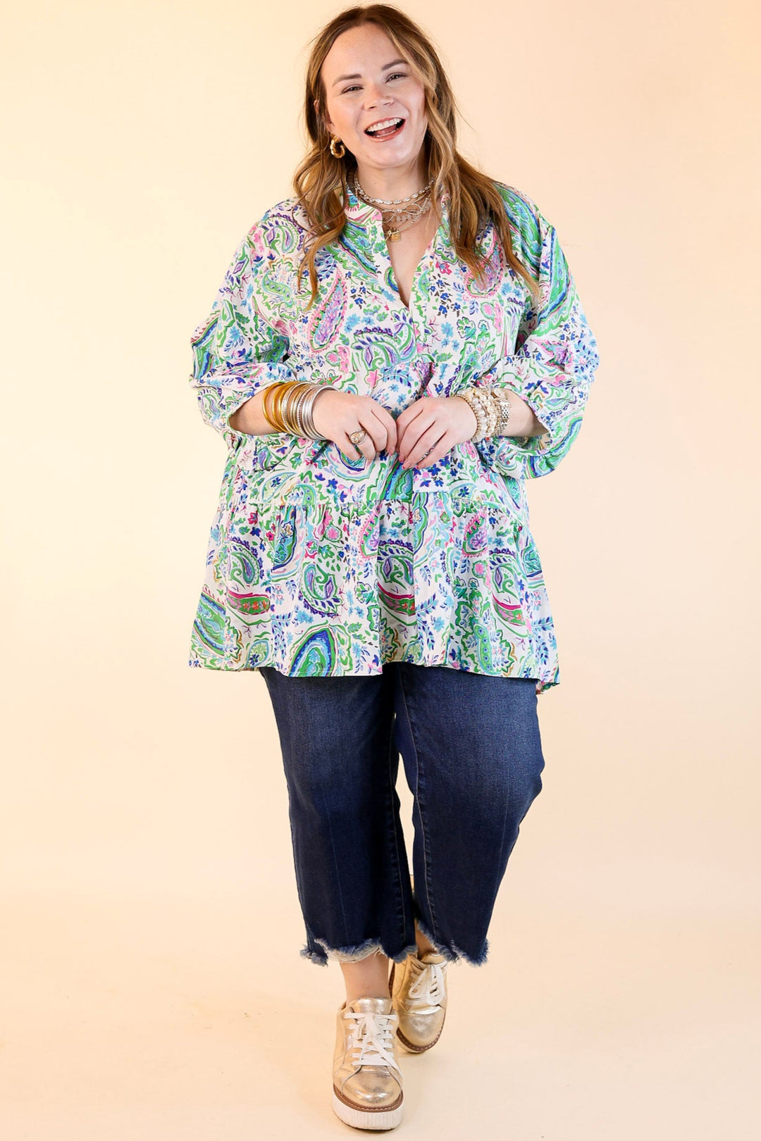 Meadow Melody Paisley Tiered Babydoll Top in Green Mix