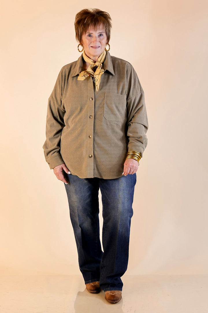 Captivating Cuteness Corduroy Button Up Shacket in Olive Green