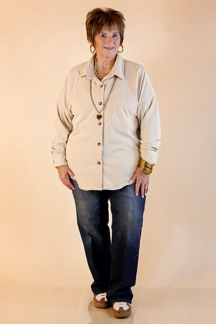 Captivating Cuteness Corduroy Button Up Shacket in Cream