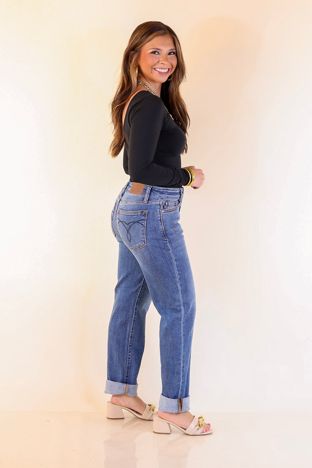 Judy Blue | Simple Sophistication Classic Cuffed Boyfriend Denim Jeans in Medium Wash
