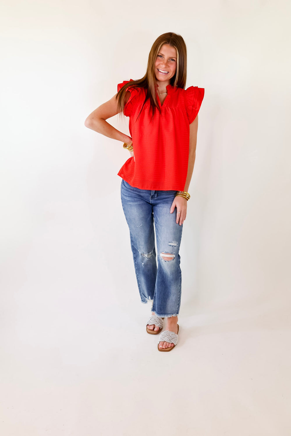 Perfectly Fabulous Ruffle Cap Sleeve Top in Red - Giddy Up Glamour Boutique
