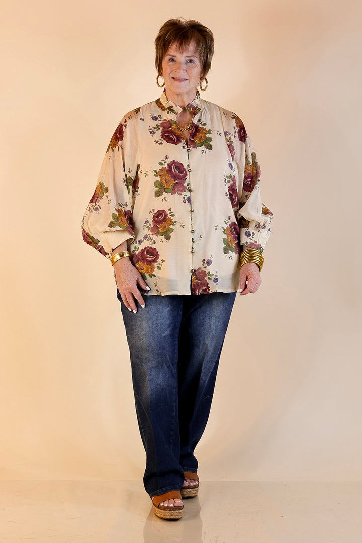 Garden Stroll Floral Long Sleeve Button Down Top in Cream