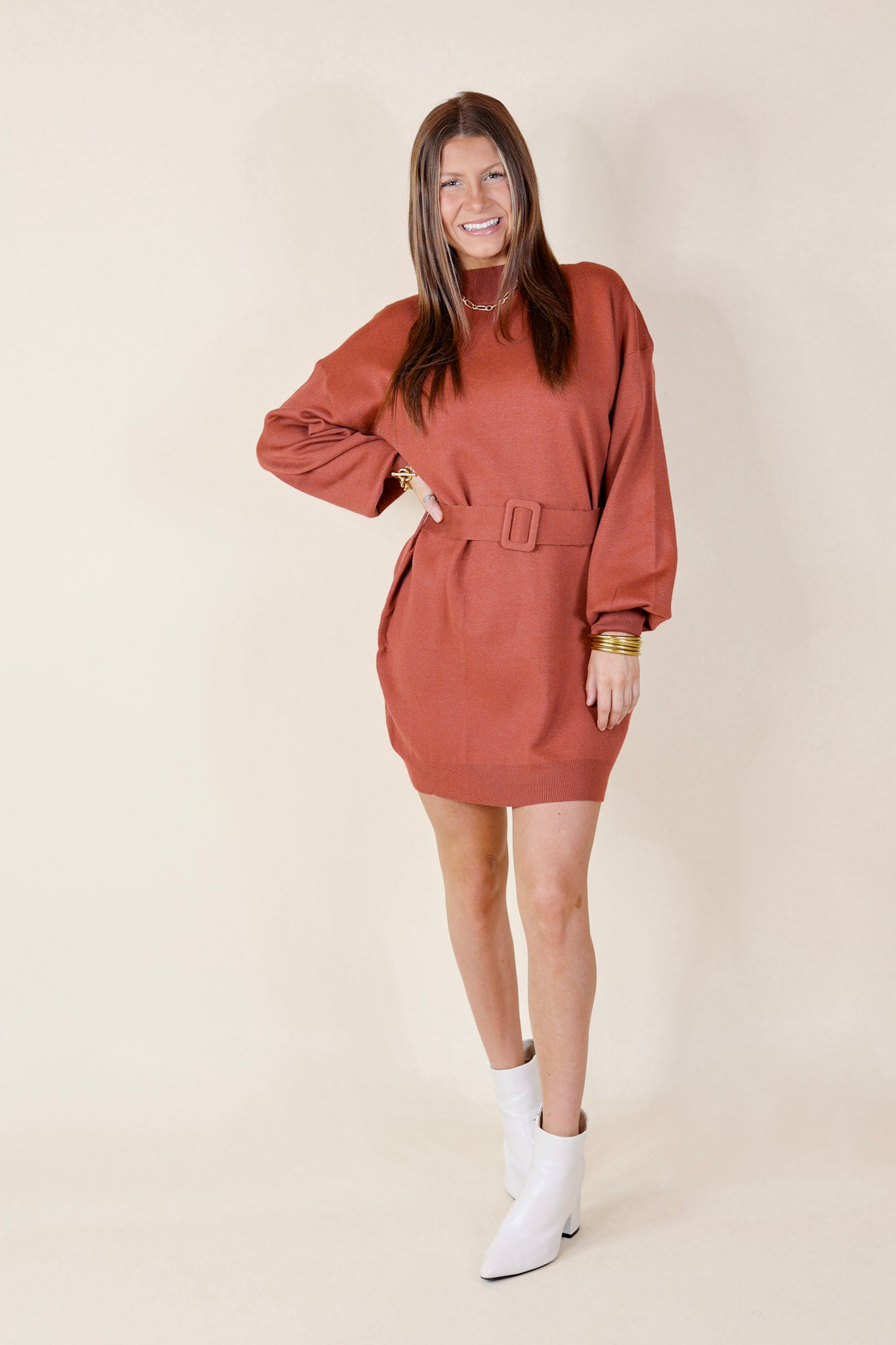 Luxurious Life Sweater Dress with Belt in Rust Red - Giddy Up Glamour Boutique