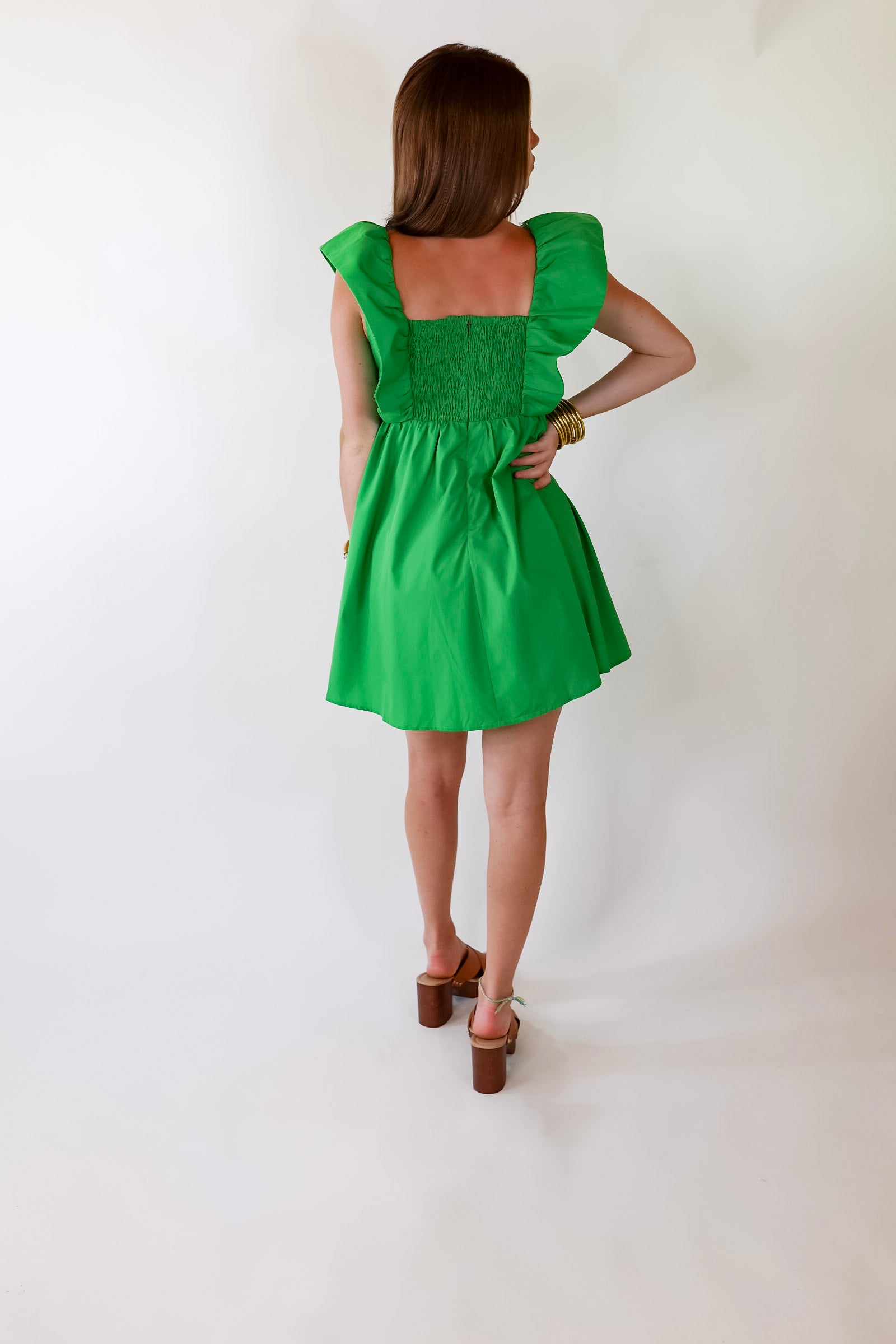 Pixie Perfect Ruffled Sleeve V Neck Dress in Green - Giddy Up Glamour Boutique