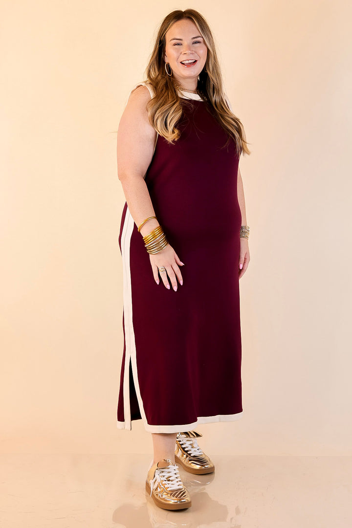 Chic Direction Solid Sleeveless Knit Midi Dress with Ivory Trim in Maroon