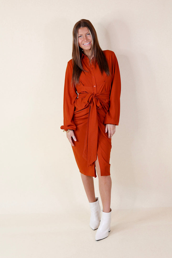Heart On The Line Button Up Ruched Front Midi Dress with Waist Tie in Rust Orange - Giddy Up Glamour Boutique