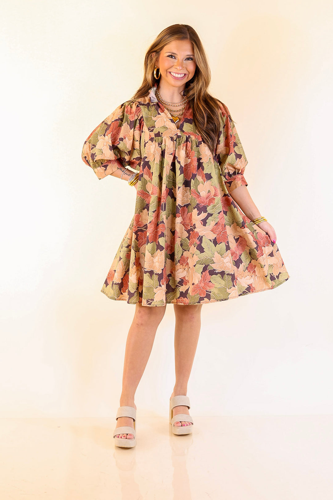 Endless Possibilities Floral Babydoll Dress with Puff Sleeves in Beige, Navy and Rust