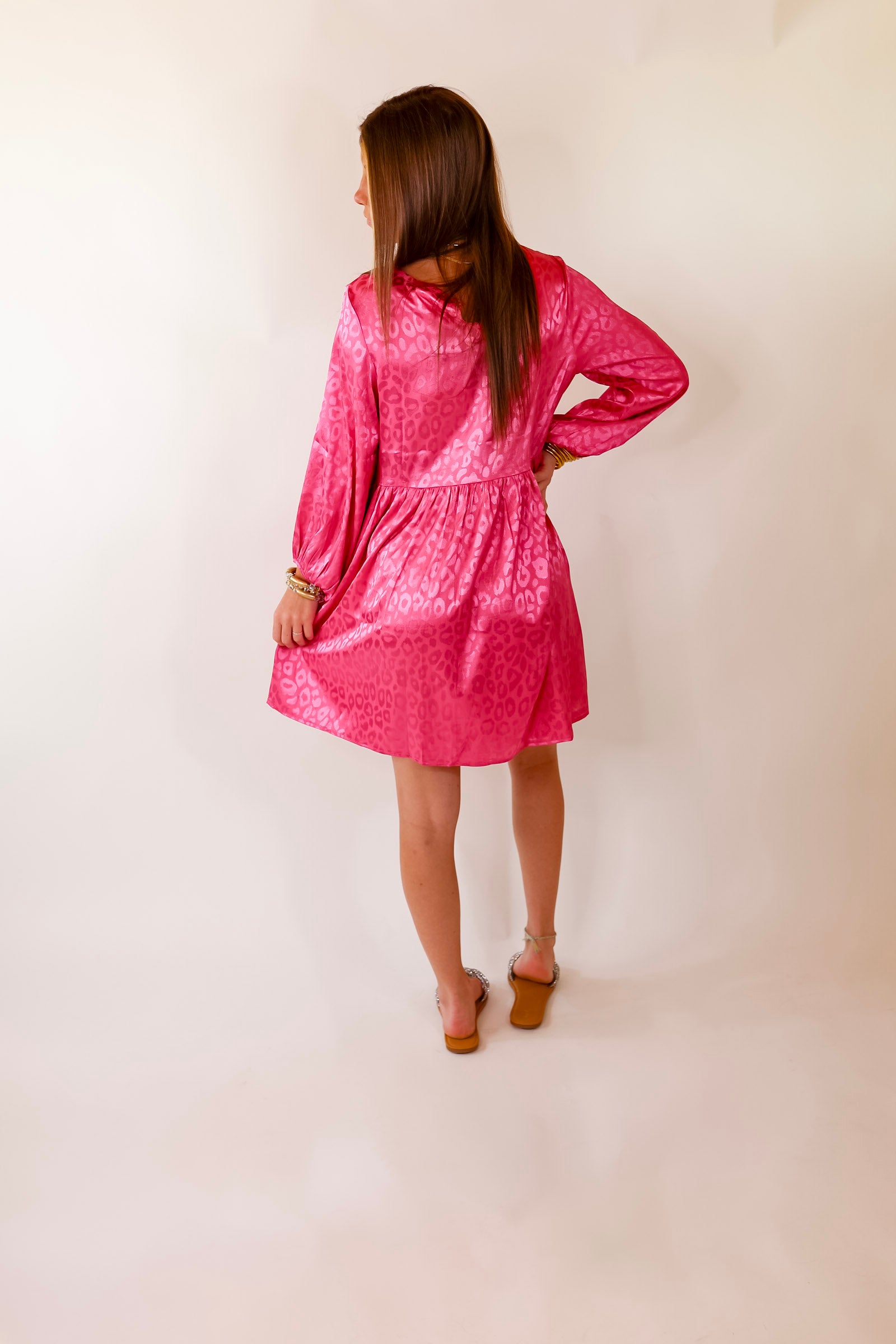 Change Is Coming Leopard Print Babydoll Dress with Long Sleeves in Hot Pink - Giddy Up Glamour Boutique